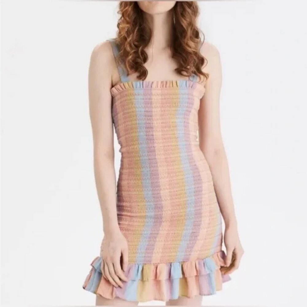 American Eagle Smocked Pastel Rainbow Ruffle Mini Summer Dress Size M - NWOT